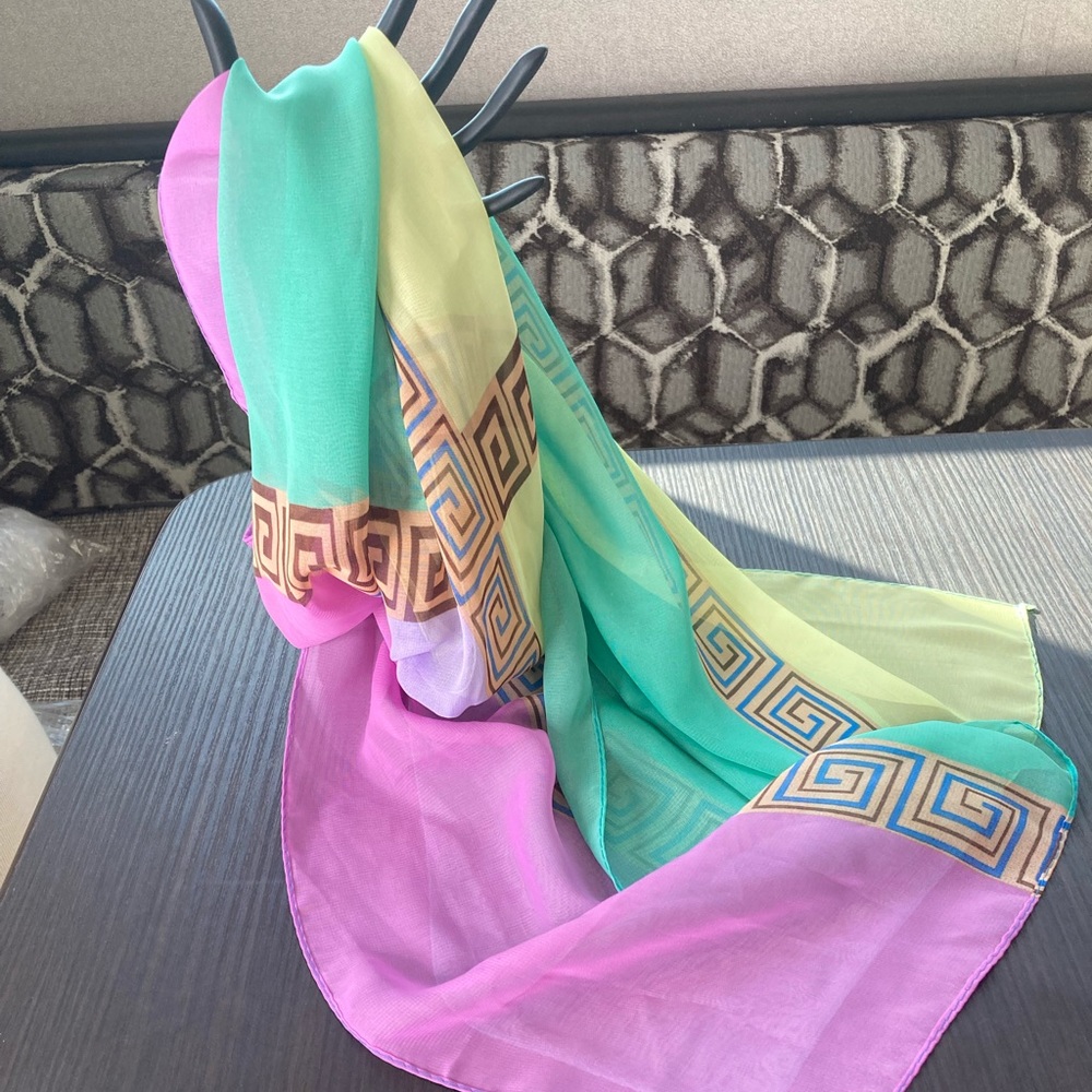 “Athena" Pink/Green polyester chiffon scarf $6.99 Shipping 19X60" NWOT